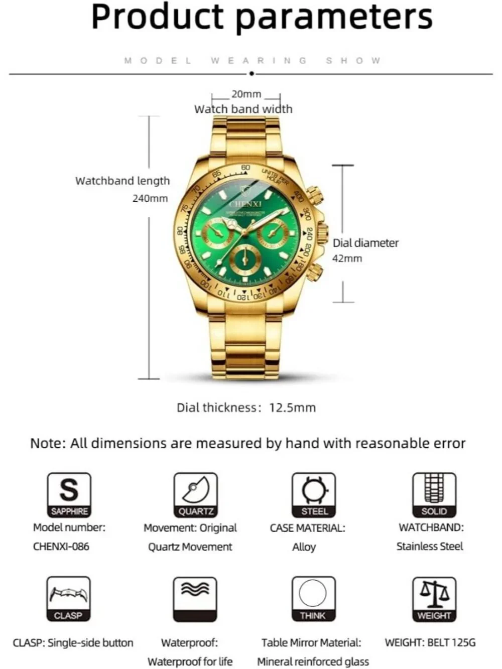 Men's Green Analog Quartz Gold Stainless Steel Crystals Classic Wrist Watch